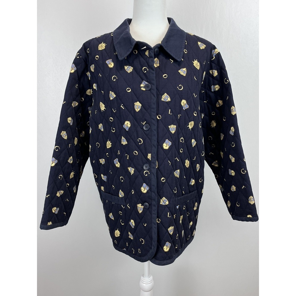 Vtg Susan Bristol Quilted Golf Jacket Sz Large Navy Spellout Grandma Kitschy